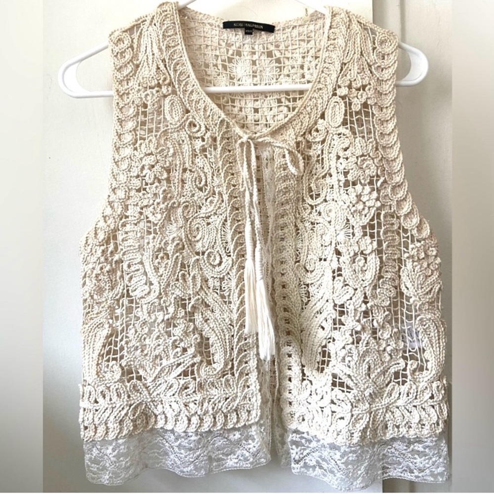 KOBI HALPERIN crochet lace top vest cream natural boho XS/S tassels cotton boho